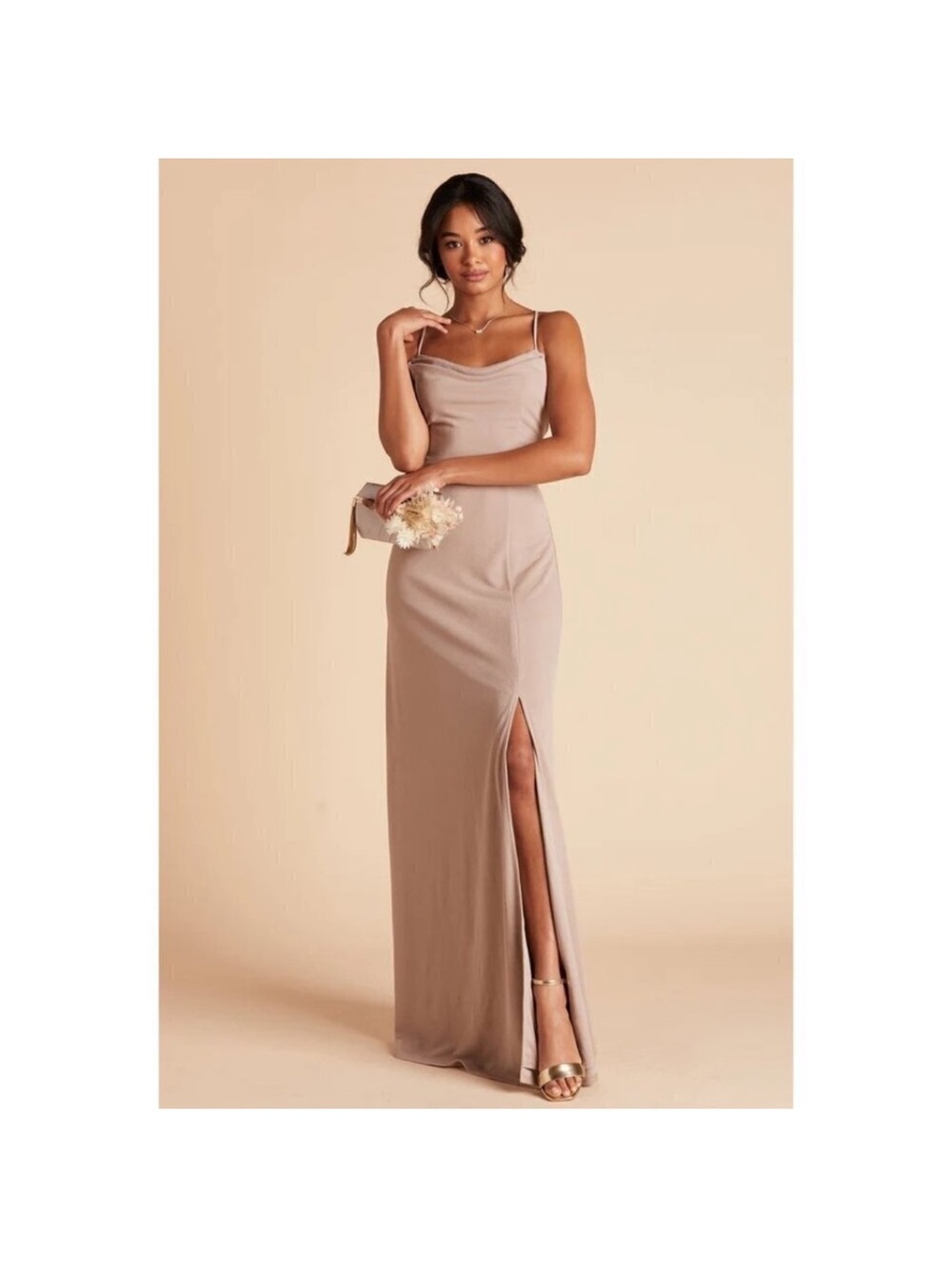 Birdy‎ Grey Ash Cowl Neck Crepe Maxi Formal Bridesmaid Dress Taupe XS NWT